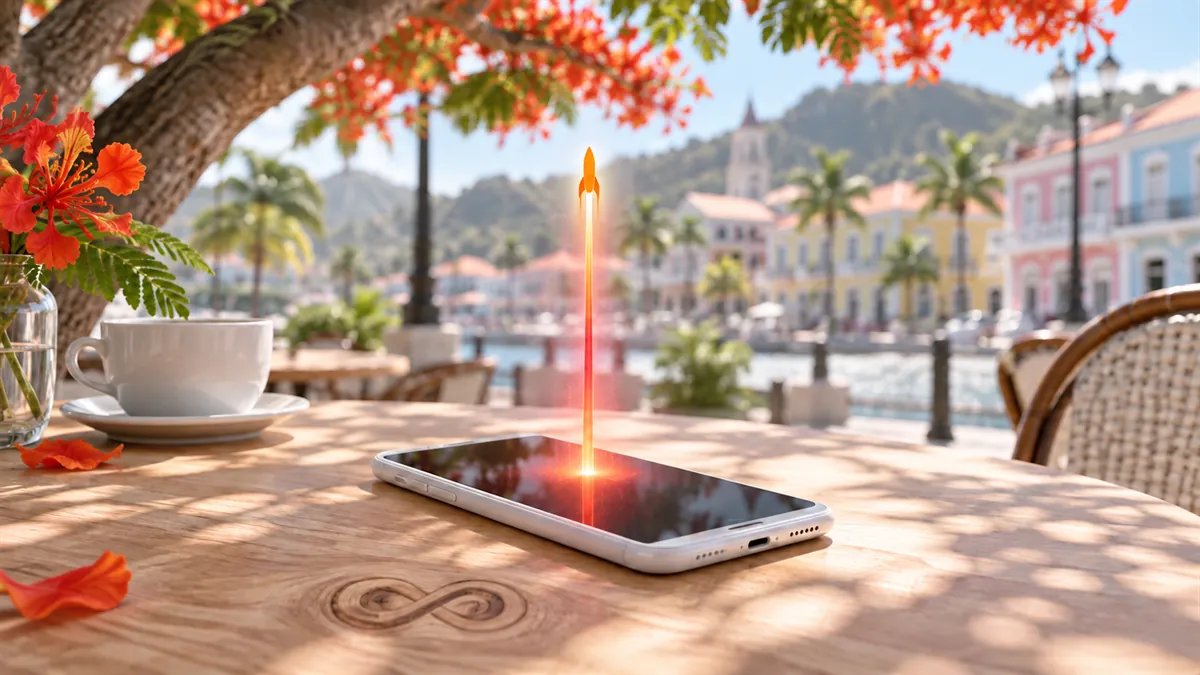 Smartphone sur une table de café à Fort-de-France avec une barre de chargement fusée : agence web en Martinique
