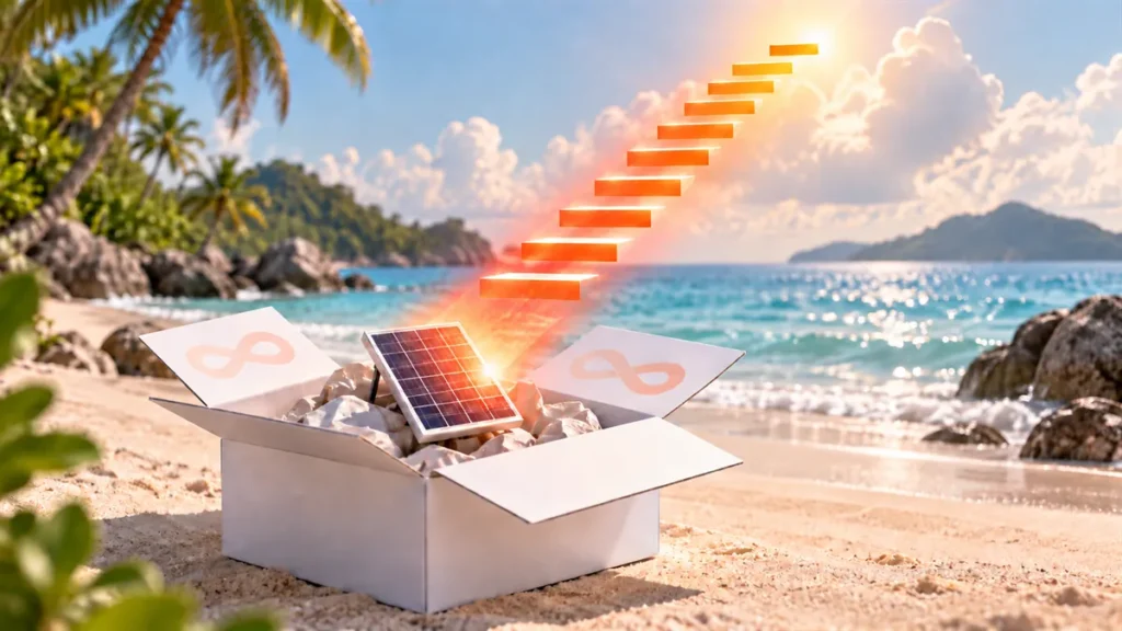 Panneau solaire sur un carton d'expédition projetant dix marches lumineuses : Indies'Watt dans le top 10 Google