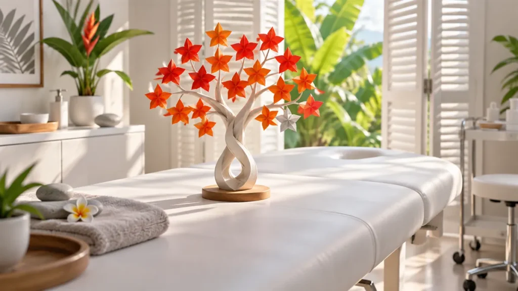 Arbre en papier aux feuilles en étoiles dans un cabinet créole : les avis Google d'un cabinet d'ostéopathie en Martinique