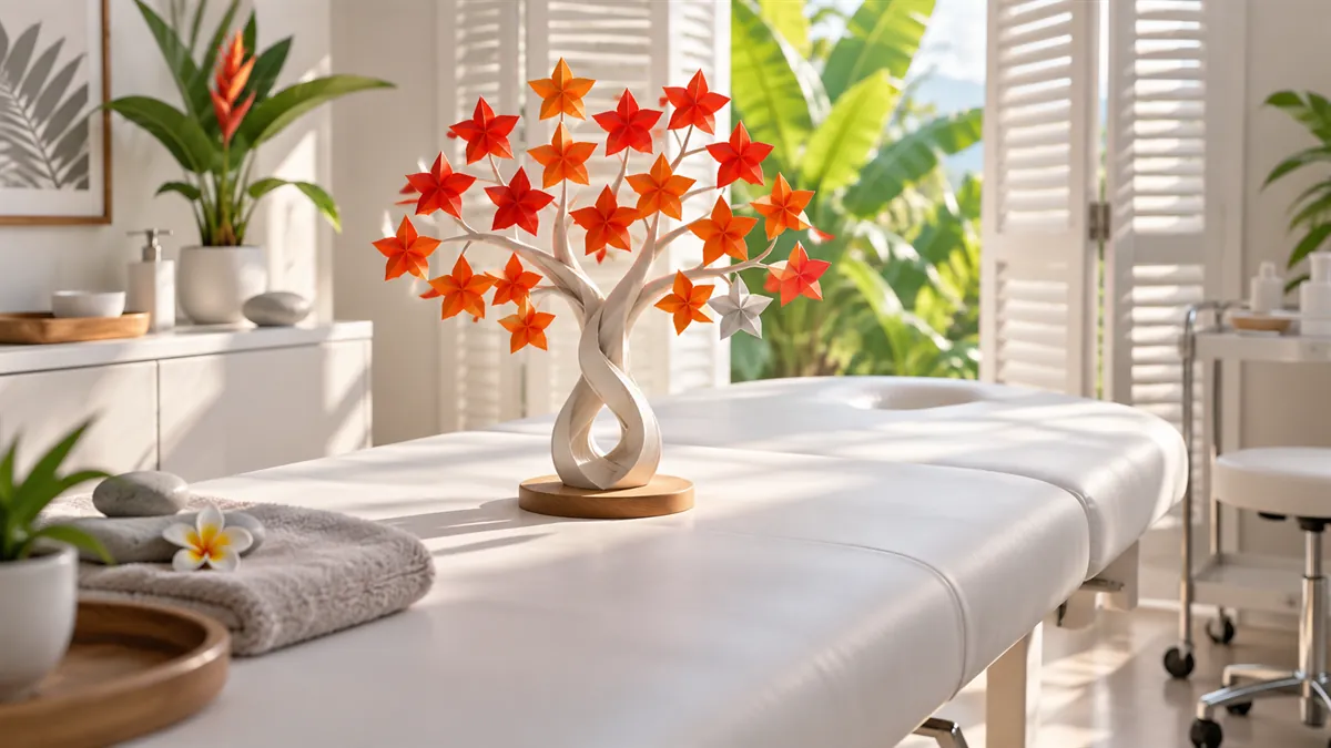 Arbre en papier aux feuilles en étoiles dans un cabinet créole : les avis Google d'un cabinet d'ostéopathie en Martinique