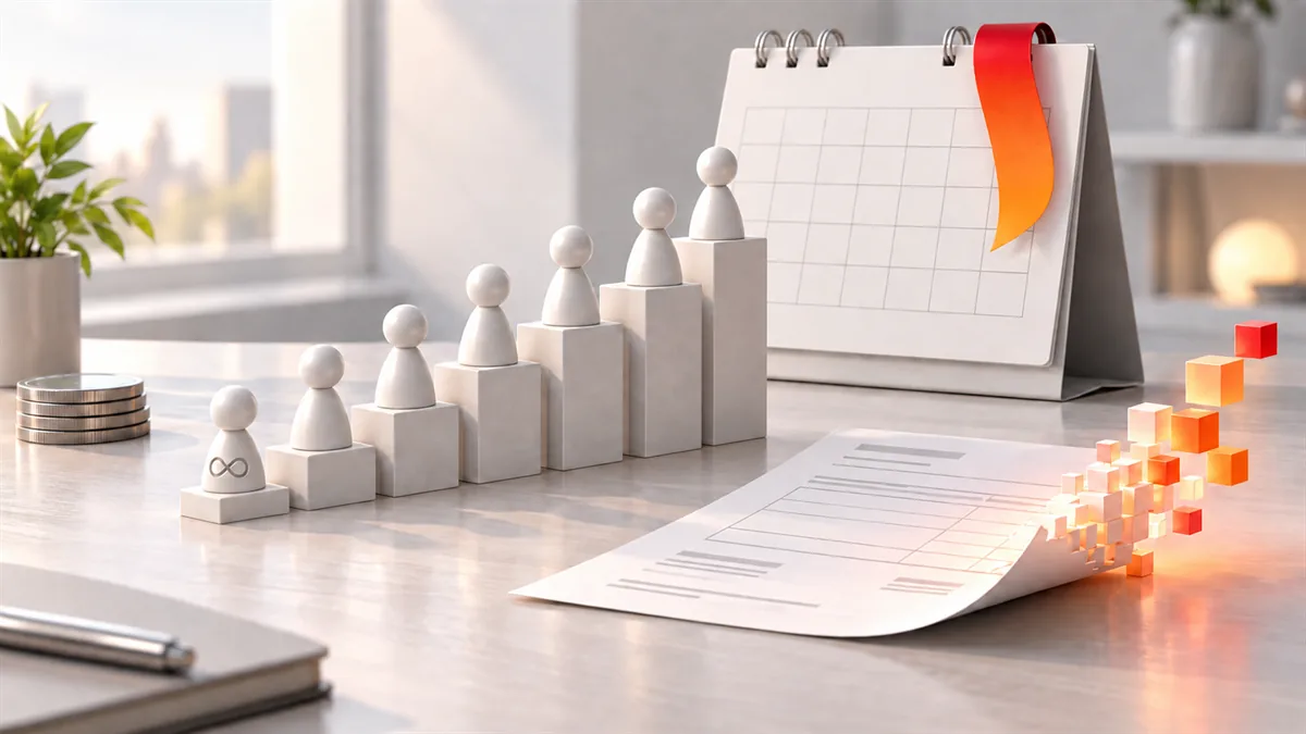 Calendrier à deux feuillets et sept pions en escalier devant une facture qui se numérise : le calendrier de la facturation électronique et les sept décisions d'une PME
