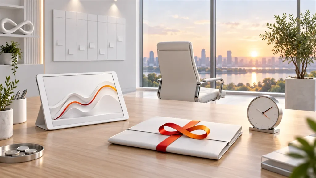 Fauteuil de direction vide, tablette de tableau de bord et contrat fermé par un ruban : le marketing externalisé vu par un dirigeant de PME