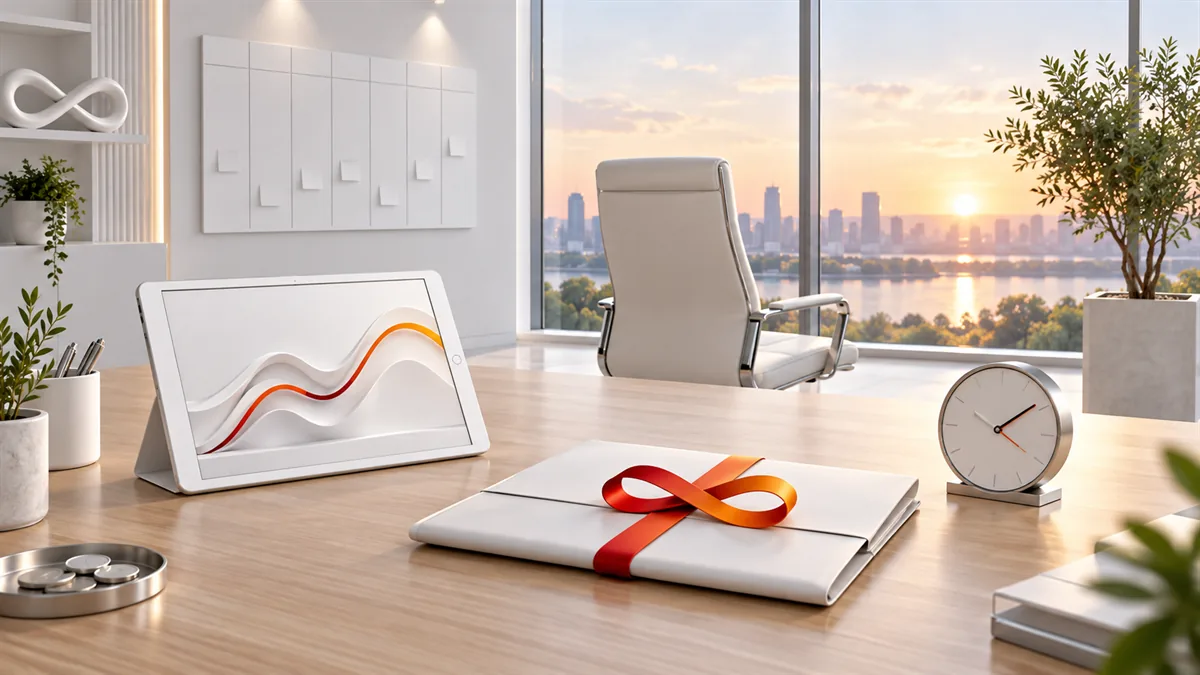 Fauteuil de direction vide, tablette de tableau de bord et contrat fermé par un ruban : le marketing externalisé vu par un dirigeant de PME