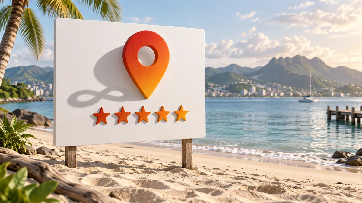 Épingle de carte et étoiles sur une fiche géante face à la baie de Fort-de-France : référencement local en Martinique