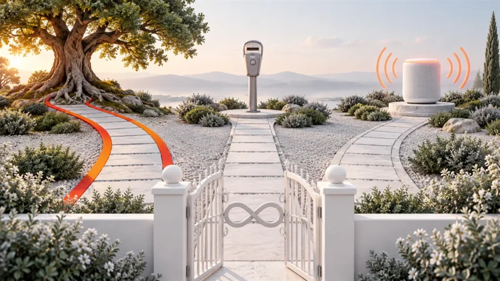 Trois chemins depuis un même portail vers un arbre enraciné, un parcmètre et une enceinte connectée : SEO, SEA ou GEO pour une PME