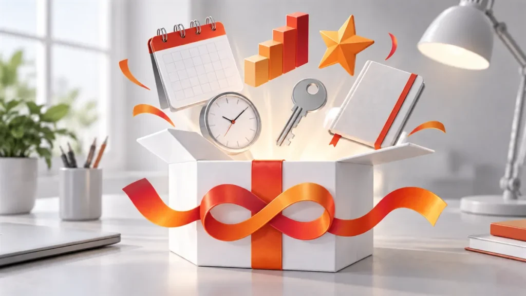 Boîte ouverte libérant calendrier, graphique et étoile : le contenu d'un service marketing externalisé chaque semaine